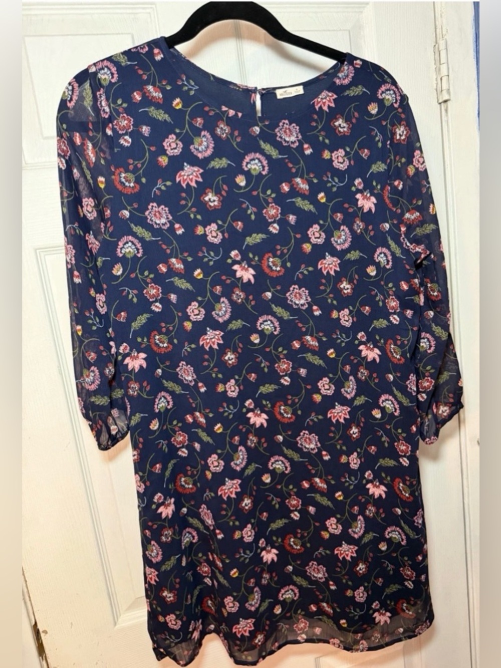 Hollister Navy Long-Sleeve Floral Dress with Red Blooms